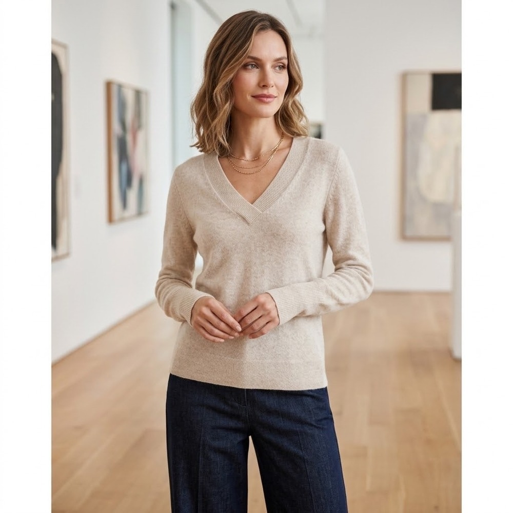 Halogen Womens Oatmeal Beige 100% Cashmere V-Neck Sweater Size L Relaxed Fit